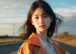 a young woman posing for a photo by the side of the road,a woman wearing a coat stands in front of the highway