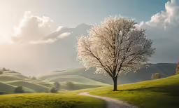 a tree with white blossoms is in the middle of a hill