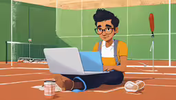 the man is using his laptop computer on the tennis court,a man sits on the ground with a laptop on his lap