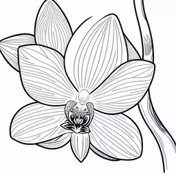 an outline drawing of an orchid flower,an orchid in black and white coloring page,a flower with leaves on a white background,a line drawing of an orchid,flower with leaves drawing picture of a flower with leaves in black and white royalty free stock