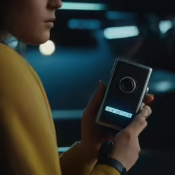 a woman holds a smart phone in a dark car