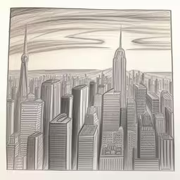 a drawing that appears to be of a city skyline,a drawing of a city skyline and clouds