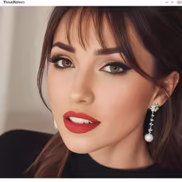a woman with bright red lipstick, wearing black shirt and earrings