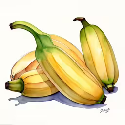 some ripe bananas with their stems still attached,three bunches of bananas with watercolor markings and one on the bottom