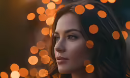 an elegant woman with an intense eyeshade and a string of orange round lights