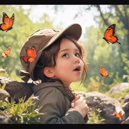 a young child is looking up to many butterflies