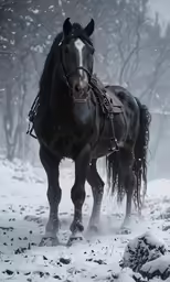 a black horse in the snow with another horse