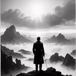 a man standing in front of a mountain with foggy hills