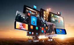 an advertisement for the cell phone with many different screens,three cell phones stacked on each other with images of various media
