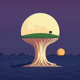 a surreal surreal painting featuring a large mushroom house with a cow on it