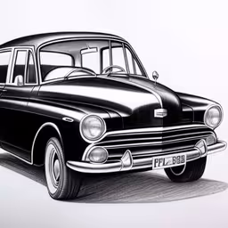 a black and white image of an old school station wagon,a black car with no wheels is next to a white background