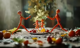 small plastic human figures are dancing with vegetables