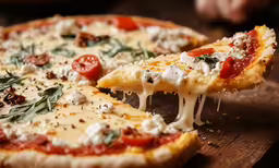 someone holding a piece of pizza with pepperoni and cheese