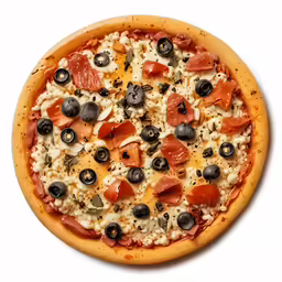 a pizza with many toppings on it on a white surface