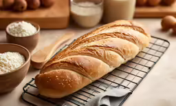 a loaf of bread sitting on a cooling rack