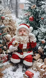 the little kid is sitting by the christmas tree