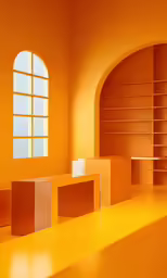this room has orange walls and shelves for different items