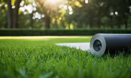 green grass has a black surface in the center and a grey circle of material at the center
