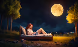 the young woman is sitting in the moonlight on the bed,an woman is on her phone under a full moon