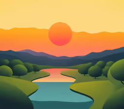 a painting of a landscape with trees, a river, and mountains