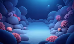 a very blue and pink coral scene with the sea floor in the background