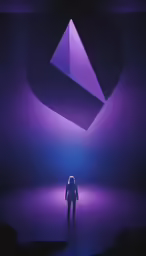 an abstract sculpture in a darkened space with a person looking at it