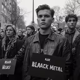 many people walking in the street, some with signs that say black metal