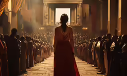 a woman in red walking down a hallway