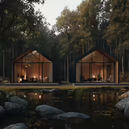 two glass cabins at night surrounded by woods