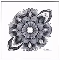 an abstract floral design with the center of a flower with leaves and petals