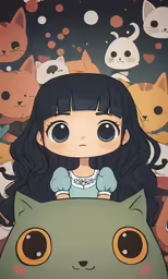 an anime girl sits in front of a cat with a green pillow