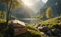 an open book sits on a mountain, surrounded by rocks