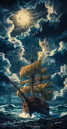 a pirate ship sailing under a cloudy sky