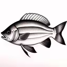 the fish is in black and white on a white sheet,a black and white drawing of a fish