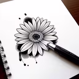 a pen sitting on top of a drawing of a sunflower,black and white picture with pen and flower