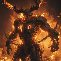 a creepy demonic robot standing in front of a blazing sky