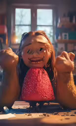 a close up of a fake human head next to a red plastic strawberry