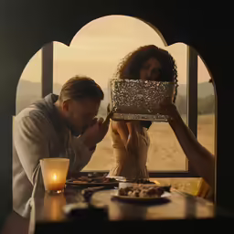a man and a woman are at a table with plates of food