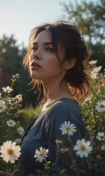 a woman is in a field full of daisies