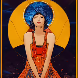 a woman with an orange dress and umbrella