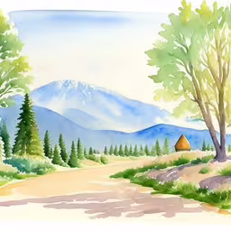a watercolor drawing of the woods and mountains