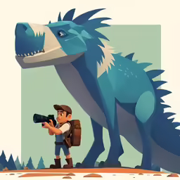 a man is taking a photo with his camera next to a dinosaur