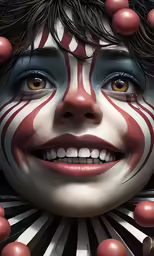 an image of a clown smiling with his face painted red and black