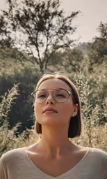 woman in glasses in front of a field
