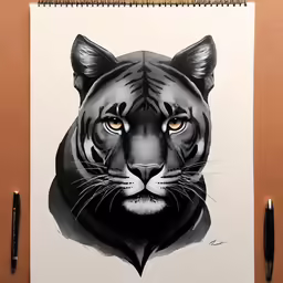 a black and white drawing of a tiger