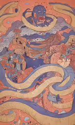 a painting with large waves and monsters