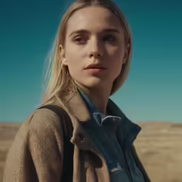 the woman in a trench coat is staring