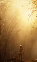 woman with umbrella in a foggy, heavily lit forest