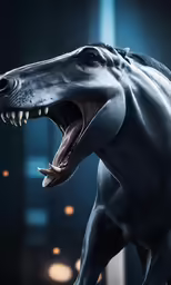 a black dog with a large mouth is in the dark