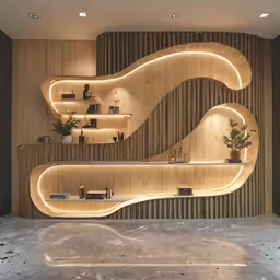 a nice modern looking room with shelves and a light